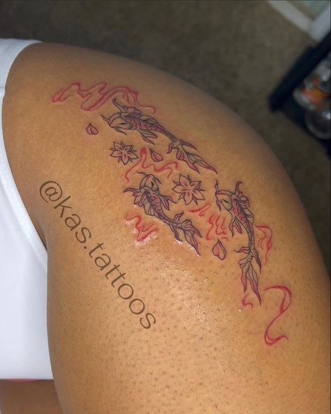 koi fish tattoo/ brown skin/ red ink Red Ink On Brown Skin Tattoo, Coloured Tattoos On Brown Skin, Red Ink Brown Skin, Red Ink Dark Skin, Pink Ink Tattoo On Dark Skin, Red Tattoos On Brown Skin, Red Tattoo Dark Skin, Red Tattoo Black Skin, Red Ink On Dark Skin