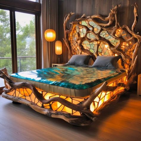 Stained Glass Tree of Life Beds: Transforming Bedrooms with Forest Fantasy Designs Tree Bedframe, Fantasy Bed, Stained Glass Tree Of Life, Stained Glass Tree, Forest Bedroom, Sleep Sanctuary, Pastel Walls, Glass Tree, King Size Mattress