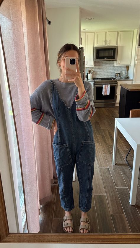 We The Free High Roller Jumpsuit curated on LTK Low 80s Weather Outfit, Thrifted Mom Outfits, Fall Sahm Outfits, Crunchy Mom Style, Vintage Mom Outfits, Mom Outfit Inspiration, High Roller Jumpsuit Outfit, Free People Overalls Outfits, Nannying Outfits