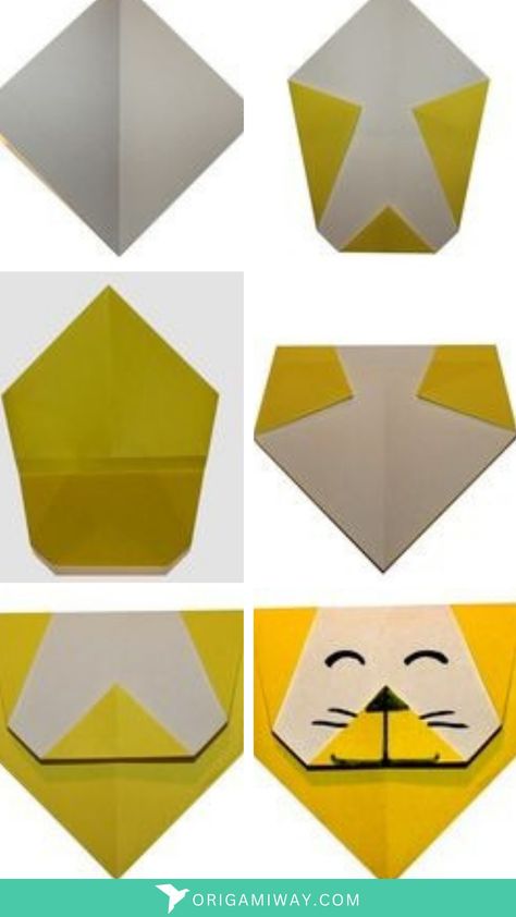 A yellow origami paper lion Chinese Lion Head Diy, Lion Construction Paper Craft, Wolf Origami, Origami Wolf Easy, Origami Lion Tutorial, Lions For Kids, Origami Lion, Easy Origami Animals, Origami Sheets