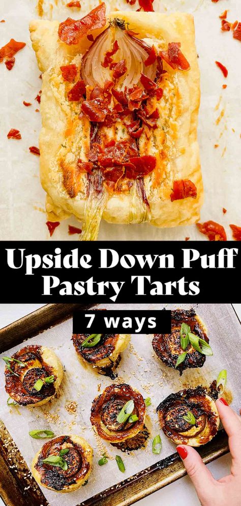 Viral Upside Down Puff Pastry Tarts Individual Puff Pastry Tarts, Puff Pastry Recipes Tiktok, Puff Pastry Tiktok, Viral Puff Pastry Recipes, Puff Pastry Tartlets Savory, Puff Pastry Sheet Pan Recipes, Puff Pastry Recipes Upside Down, Upside Down Pastries, Upside Down Tart Puff Pastry