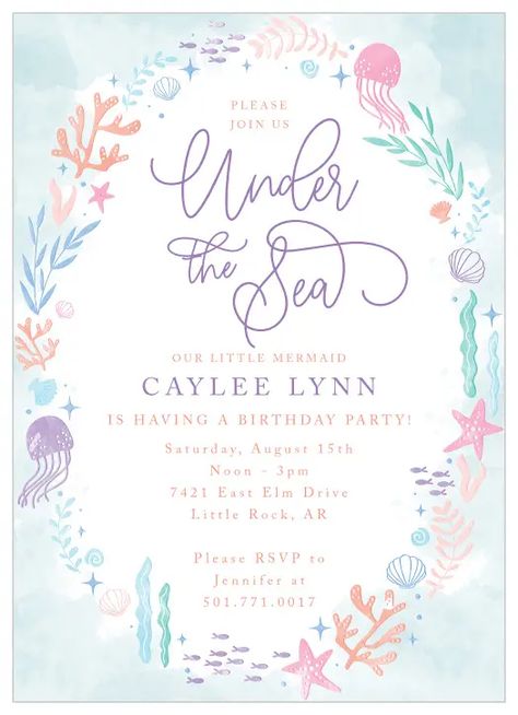 Ocean Theme Birthday Party Girl, Under The Sea Template, Three Year Old Birthday Party Girl, 3rd Birthday Party For Girls, Underwater Birthday, Third Birthday Girl, Ocean Birthday Party, Under The Sea Birthday Party, Invitation Unique