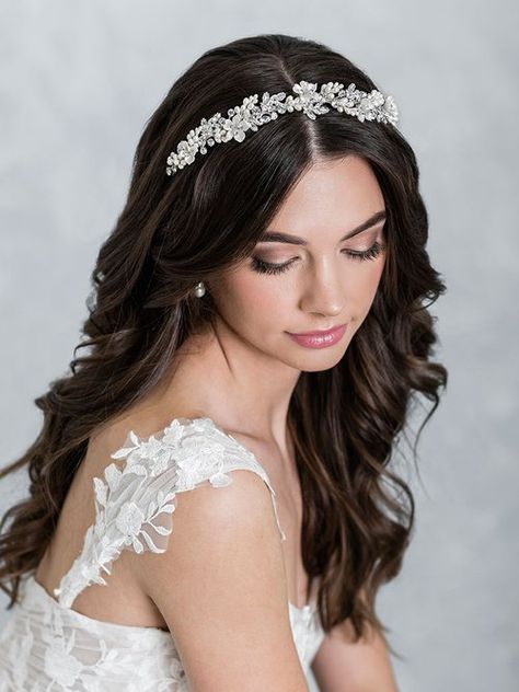 2139 — Bel Aire Bridal Bridal Hair Down With Veil, International Quotes, Bridal Hair Tiara, Bridal Hair Down, Bridal Veils And Headpieces, Wedding Tiara Hairstyles, Wedding Hair Half, Elegant Headband, Bridesmaids Earrings