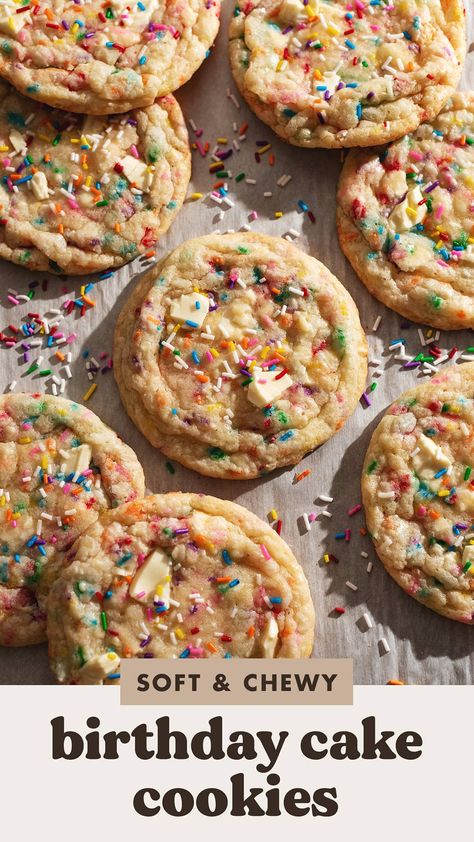 These soft and chewy birthday cake cookies are full of white chocolate and rainbow sprinkles. They're made with clear vanilla extract for that classic birthday cake flavour in cookie form! Classic Birthday Cake, Birthday Cake Cookies, Cake Batter Cookies, Classic Birthday, Family Snacks, Birthday Cake Flavors, Birthday Baking, Cookie Cake Birthday, Cookie Business