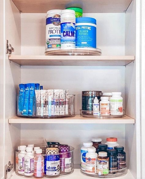 Vitamin Storage Ideas, Supplement Organization, Medication Organization Storage, Pantry Cabinet Organization, Supplement Storage, First Aid Storage, Vitamin Storage, Fitness Organization, Medicine Cabinet Organization