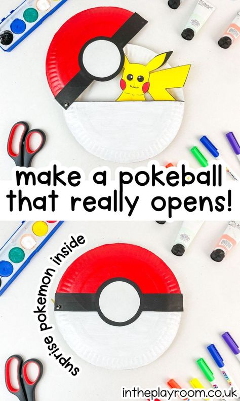 Paper Plate Pokeball and Pokemon Craft Oshc Program Ideas, Pokemon Ball Craft, Pokemon Paper Toy, Pokemon Educational Activities, Paper Plate Activities For Kids, Pokemon Quilt Ideas, Pokemon School Activities, Pokemon Art Ideas, Easy Pokemon Crafts