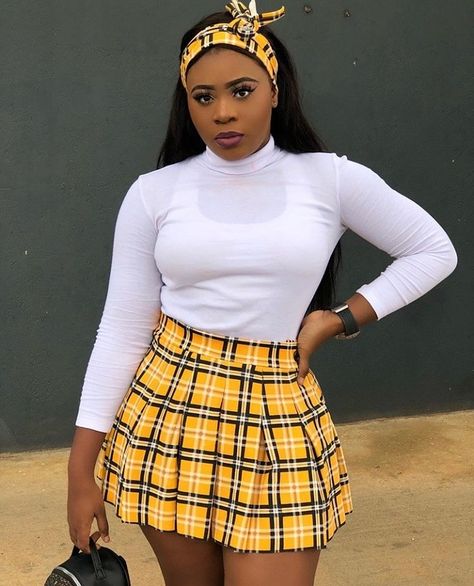 Checkered skirt outfit |ig:__c0.co| Amapiano Outfit Ideas, Yellow Preppy Outfit, Yellow Checkered Skirt Outfit, Amapiano Outfit, Yellow Plaid Skirt Outfit, Plaid Pink Skirt, Toronto Outfits, Yellow Tartan Skirt, Checkered Skirt Outfit