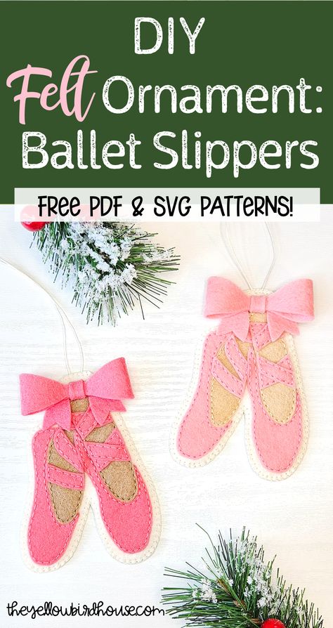 Felt ballet slipper ornament free pattern and tutorial. Learn how to make this delightful and precious ballet themed ornament for the dancer in your life. Hand stitched and beginner friendly, this DIY felt ornament can be made in an afternoon with a cup of tea and a hallmark movie playing! The free ornament pattern comes in both PDF and SVG formats for easy crafting! Felt Ballet Slipper Ornament, Dance Christmas Ornaments Diy, Ballet Sewing Patterns, Dancer Ornaments Diy, Ballerina Ornaments Diy, Dance Christmas Ornaments, Ballet Svg, Dance Ornaments, Felting Crafts