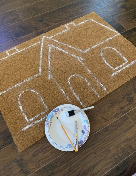 Ginger Bread House Door Mat, Diy Christmas Rug Painting, Gingerbread Welcome Mat, Gingerbread Door Mat Diy, Gingerbread House Mat, Gingerbread House Doormat Diy, Christmas Welcome Mat Diy, Gingerbread Doormat Diy, Gingerbread Door Mat