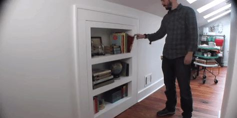 Access to a crawlspace or attic is made more fun by building this covert door.​​ Attic Access Door, Crawl Space Door, Hidden Door Bookcase, Attic Renovation Ideas, Attic Doors, Attic Playroom, Bookcase Door, Small Attic, Attic Flooring