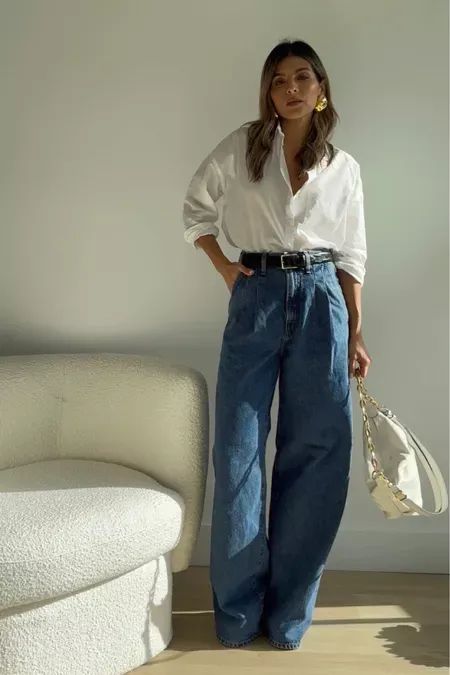 Loose Jeans Outfit, طفلة حديثة الولادة, White Shirt Outfits, Looks Jeans, Blue Jean Outfits, White Jeans Outfit, Jeans Outfit Women, Casual Day Outfits, Outfit Jeans