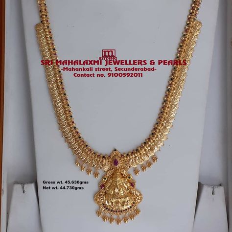 Gold Long Necklace With Grams, Long Haaram Designs Gold, Gold Long Haram Designs In 40 Grams, 40 Grams Gold Haram Designs, 30 Grams Gold Haram Designs, 40grams Gold Haram, Short Gold Necklace, Kasu Mala, Pretty Gold Necklaces