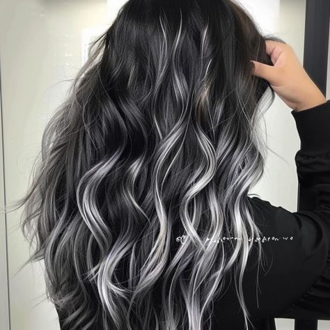 Dark Hair Silver Highlights, Silver Highlights On Black Hair, Dark Brown Hair With Silver Highlights, Black Hair With Silver Highlights, Silver Highlights On Dark Hair, Grey Highlights On Dark Hair, Black Hair With White Highlights, Highlights Hair Ideas, Black Hair With Grey Highlights