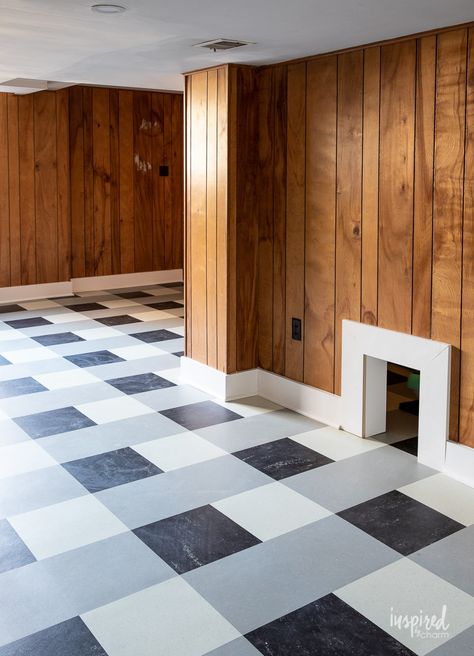 Checkered Basement Floor, Vct Tile Kitchen Floor, Vct Flooring Ideas, Mcm Basement Ideas, Kitchen Linoleum Floors Ideas, 70s Basement Remodel, Mid Century Kitchen Flooring, Mid Century Basement Ideas, Church Basement Makeover