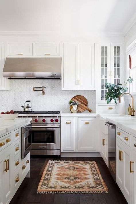 Stainless Steel Hood Vent, Studio Mcgee Kitchen, Herringbone Tile Backsplash, Stone Tile Backsplash, Marble Herringbone, Kitchen Vent Hood, Kitchen Vent, Herringbone Backsplash, All White Kitchen