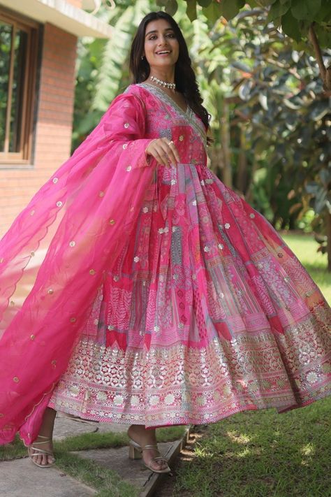 Rani Pink Gown with Dupatta Gown With Dupatta, Rani Pink, Pink Gown, Blue Gown, Pink Gowns, Ladies Gown, White Gowns, Embroidery Work, Ready Made