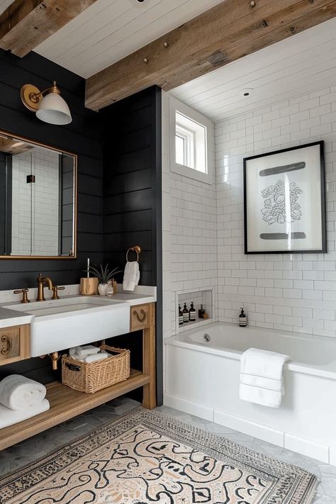 Modern Country Master Bath, Cute Master Bath Ideas, Master Bath Design Ideas Farmhouse, Modern Home Bathroom Design, Rustic Home Remodel Ideas, Farmhouse Tile Bathroom, Moody Farmhouse Bathroom, Black Bathtub Bathroom, Barndominium Bathroom Ideas