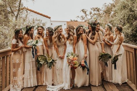 Bohemian Bridesmaid, How To Dress For A Wedding, Bridesmaid Dresses Boho, Mismatched Bridesmaids, Mismatched Bridesmaid Dresses, Elegant Bridesmaid Dresses, Santa Barbara Wedding, Wedding Boho, Lace Bridesmaid Dresses