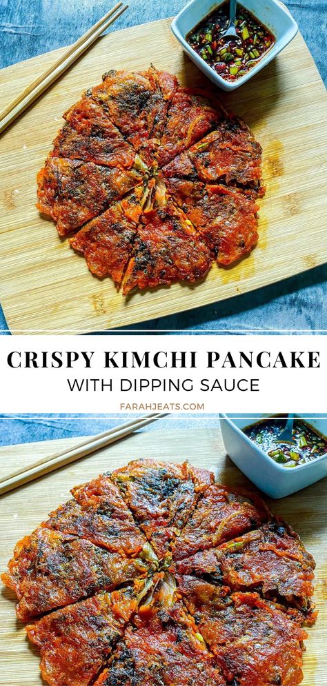 Crispy kimchi pancake served on a wooden board, with a side of dipping sauce served in a white bowl. Next to the kimchi is a pair of wooden chopsticks. Kimchi Side Dish Recipes, Kimchi Pancake Dipping Sauce, Easy Recipes With Kimchi, Crispy Korean Pancake Recipe, Leftover Kimchi Recipe, Korean Pancake Mix Recipe, Chive Pancake Korean, Korean Kimchi Pancake, Kimchi Pancake Recipe Easy