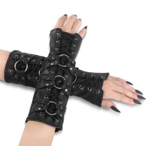 Gothic Stretch Faux Leather Pull On Arm Warmers. Comes In A Pair. Featuring Ornamental Eyelet Lace Up Center. Crisscross Straps With Flat Studs O-Ring Center Details. Styles: Goth Festival Punk Zombie Clothing, Queen Of Darkness, Punk Accessories, Lace Gloves, Emo Fashion, Goth Outfits, Leather Pulls, Cosplay Outfits, Dark Fashion