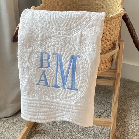 These personalized heirloom style baby quilt make the perfect baby gift with it's scalloped edge and 100% super soft cotton. So beautiful you'll want to display it but it's so soft you'll want baby to use. The monogrammed heirloom style baby quilt measures 46 inches long and 36 inches wide. You may personalize with with a name or monogram. The stacked monogram is very popular for boys. If you prefer something different please feel free to ask ~ I would love to work with you on a custom order! Bl Monogrammed Baby Blanket, Baby Boy Monogram Ideas, Classic Boy Nursery, Baby Monogram Ideas, Baby Boy Shower Ideas, Monogrammed Baby Quilt, Monogram Blanket, Baby Boy Monogram, Personalized Baby Quilt