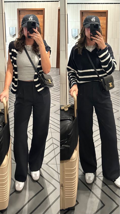 Trouser Airport Outfit, Black Pants Outfit Women Casual, Black Pants Outfit Autumn, Black Dress Pants Casual Outfit, Travel Airplane Outfit, Orlando Outfits Winter, Airport Outfit Spring 2024, Trousers Outfit Casual Street Fashion, Trousers For Short Women