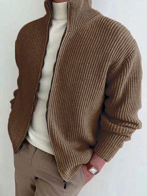 Coffee Brown Casual Collar Long Sleeve Fabric Plain  Embellished Slight Stretch  Men Clothing Quarterzip Outfits Men, Brown Cardigan Outfit Men, Men’s Cardigan, Quarterzip Outfits, Men’s Cardigan Outfit, Cardigans Men, Mens Fashion Cardigan, Mens Fall Outfits, Dc Fashion