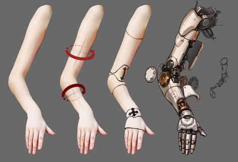 How to draw cybernetic arms - Imgur Metal Arm Drawing Reference, Mecha Arms Character Design, Metal Arm Drawing, Robot Anatomy, Robot Aesthetic, Modern Cyberpunk, Robot Reference, Puppet Design, Cybernetic Arm