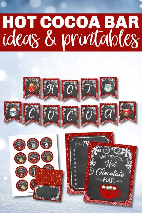 Hot Cocoa Bar Printables Free Signs, Hot Cocoa Bar Christmas Free Printables, Hot Chocolate Bar Decorations, Free Printable Hot Cocoa Bar Sign, Hot Cocoa Bar Ideas Christmas Diy, Diy Hot Chocolate Stand, Cocoa Bar Printables Free, Christmas Hot Chocolate Ideas, Hot Cocoa Bar Labels Free Printable