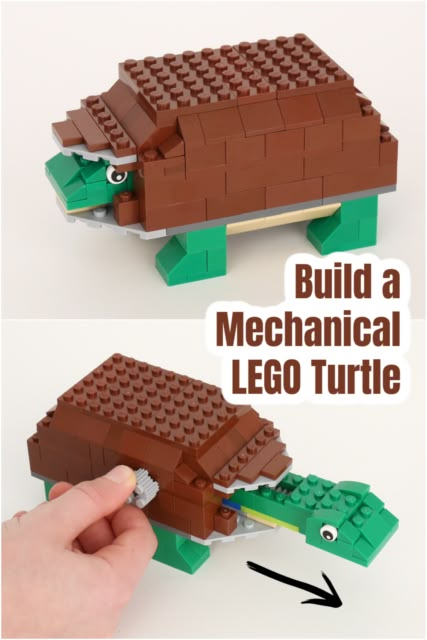 Build a Mechanical LEGO Turtle - Frugal Fun For Boys and Girls Lego Turtle, Lego Gears, Lego Diy Crafts, Lego Challenge, Lego Club, Construction Lego, Lego Diy, Lego Activities, Lego Craft