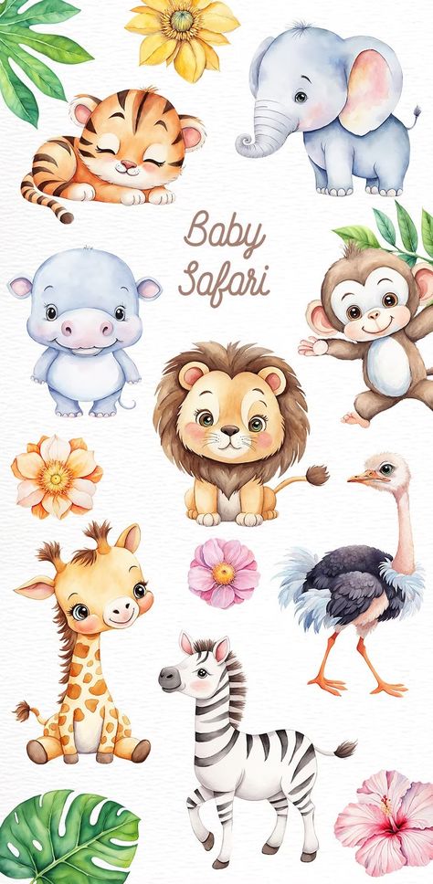 Jungle Animal Clipart, Safari Canvas Painting, Safari Animals Drawing, Animals Clipart For Kids, Cartoon Animal Eyes, Baby Animals Illustration, Safari Baby Png, Safari Drawing, Watercolor Animal Paintings