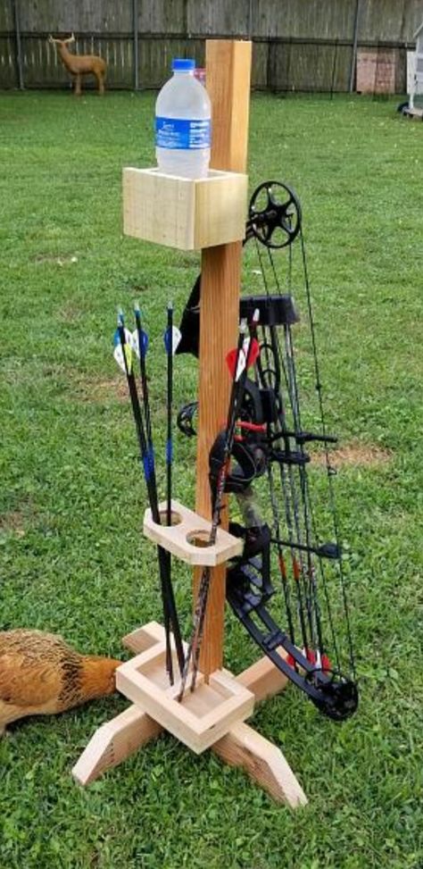 Diy Compound Bow Holder, Arrow Holder Archery Diy, Diy Archery Range, Diy Bow Holder Archery, Archery Range Backyard, Bow Rack Archery Diy, Archery Range Ideas, Archery Bow Holder, Compound Bow Holder