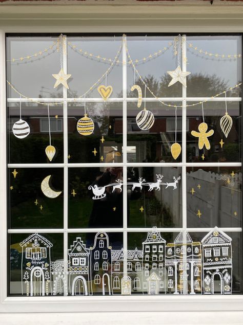 Christmas window art decor festive sleigh Santa Bauble Window Art, Christmas Decor Ideas For Cafe, Christmas Decor Cafe Shop, Christmas Decor For Cafe, Christmas Cafe Decor, Christmas Decor Cafe, Christmas Cafe Aesthetic, Coffee Shop Christmas Decorations Ideas, Cafe Christmas Decorations Ideas