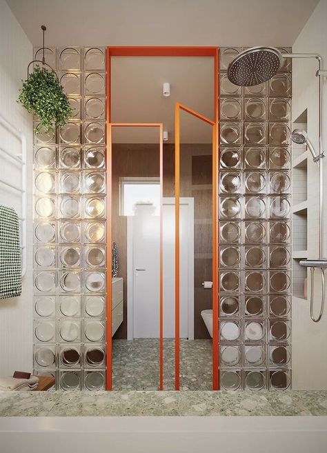 Discover this stunning bathroom designed by Framuga Studio in Poland | Featuring Alpha clear glass blocks and sleek aluminum doors with clear glass, this space creatively separates the wet and dry zones. The design balances warm wood tones, greenery, and beige hues with bold geometric shapes, incorporating squares, sage, walnut, and a striking orange frame | #bathroomdesign #boldinteriordesign #geometricstyle #glasspartition #modernbathroom #glassblock #glassbrick Modern Art Deco Bathroom, Best Bathroom Paint Colors, Bold Bathroom, Bathroom Paint, Deco Bathroom, Glass Brick, Bathroom Paint Colors, Lan Can, Upstairs Bathrooms