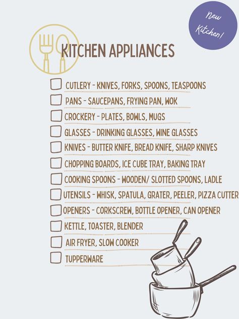 Checklist of all of the basic things you need for a new kitchen. Kitchen Necessities List, Household Checklist, Table Setting Etiquette, Kitchen Checklist, Kitchen Inventory, Kitchen Necessities, Slotted Spoons, Basic Kitchen, First Kitchen