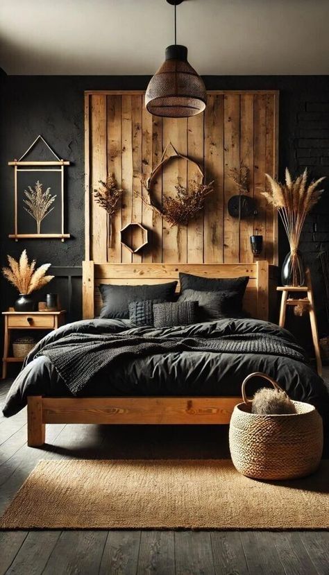 Black Country Bedroom Ideas, Full Black Bedroom, Black And Wood Theme Bedroom, Apartment Bedroom Color Schemes, Dark Blue Rustic Bedroom, Black On Black Bedroom, Black Interior Paint Ideas, Dark Bedroom Inspirations Cozy, Boho Western Master Room Bedroom Ideas