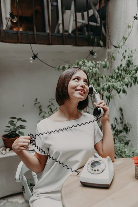 Poses With Phone In Hand, Rotary Phone Photoshoot, Old Phone Photoshoot, Vintage Phone Photoshoot, Telephone Photoshoot, Office Shoot, Magazine Moodboard, Nature Shoot, Phone Conversation