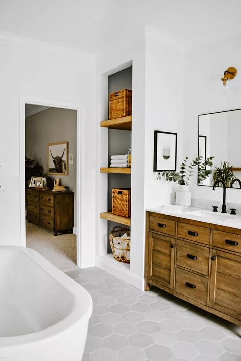 Simple Tricks to Create a Spa-Like Bathroom on a Budget Closet To Open Shelving, Modern Eclectic Bathroom, Modern Country Bathroom, Small Linen Closet, Bathroom Closet Organization Ideas, Bathroom Linen Closet, Bathroom Closet Organization, Open Bathroom, Closet Organization Ideas