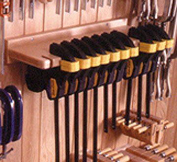 Solve your clamp-storage problems once and for all with one or more of our five custom holders. French Cleat Storage, Clamp Storage, Woodworking Lamp, Basic Woodworking, Woodworking Chair, Woodworking Cabinets, Woodworking Storage, Woodworking Basics, Woodworking Clamps