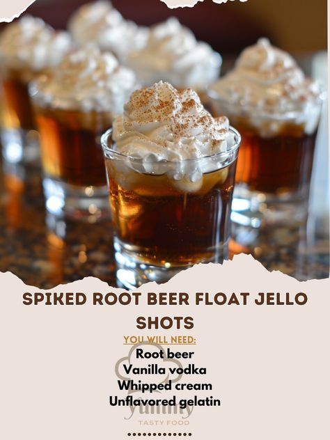 🍺🍦 Spice up your dessert game with Spiked Root Beer Float Jello Shots! Sweetly intoxicating. #RootBeerRush Spiked Root Beer Float Jello Shots Ingredients: Root beer (1 cup) Vanilla vodka (1/2 cup) Whipped cream (for topping) Unflavored gelatin (1 packet) Instructions: Heat root beer to near boiling, then remove from heat. Sprinkle gelatin over root beer, stir until dissolved. Stir in vanilla vodka, pour into shot glasses, chill until set. Top with whipped cream before serving. 🎈🍨 Reimagine ... Shot Glass Desserts Recipes, Jello Shots Vodka, Shot Glass Desserts, Whipped Cream Vodka, Birthday Cocktails, Jello Shot, Beer Float, Drink Mixes, Refreshing Drinks Recipes