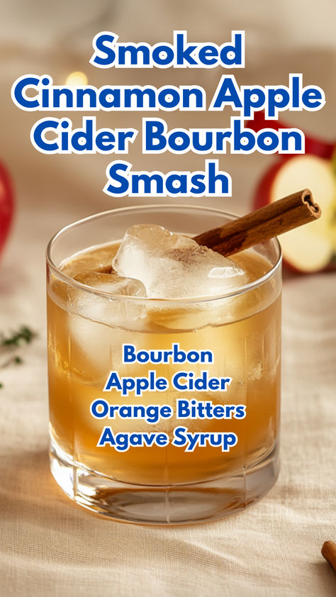 Smoked Cinnamon Apple Cider Bourbon Smash Bourbon And Cider Cocktail, Apple Cider Bourbon Smash, Fruity Bourbon Cocktails, Orange Alcohol Drink, Smoked Drink Recipes, Fall Bourbon Cocktails, Cinnamon Cocktails, Apple Cider Bourbon Cocktail, Apple Cider Bourbon