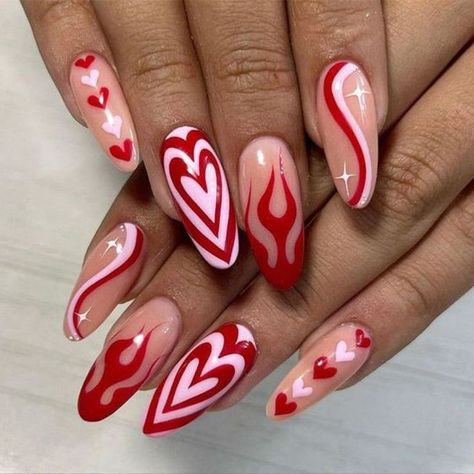 February Nails, Nail Designs Valentines, Her Nails, Red Nail Designs, Nail Swag, Cat Kuku, Heart Nails, Fire Nails, Funky Nails