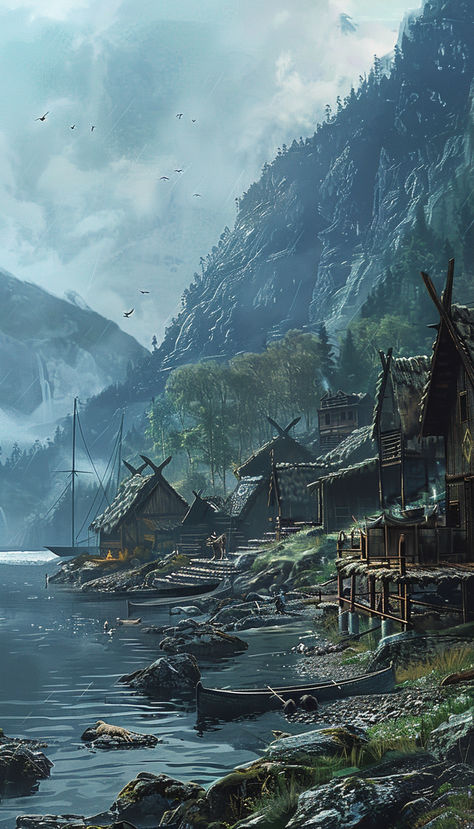 Viking Village Setting Viking Fantasy Art Landscape, Nordic Village Concept Art, Viking Landscape Art, Viking Castle Art, Viking Age Aesthetic, Viking Village Art, Viking Fantasy Aesthetic, Fantasy Viking City, Viking Village Aesthetic