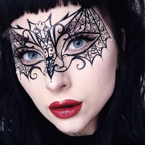 Stunning work by @saramariarosenkilde ❤️ {to create the bat lace mask, she used both #TattooLiner in Trooper and #InkLiner in #Trooper}  #katvondbeauty #crueltyfreebeauty #vegan Masquerade Mask Makeup, Masquerade Makeup, Lace Makeup, Lace Masquerade Masks, Kat Von D Tattoos, Lace Drawing, Show Makeup, D Tattoo, Mask Makeup