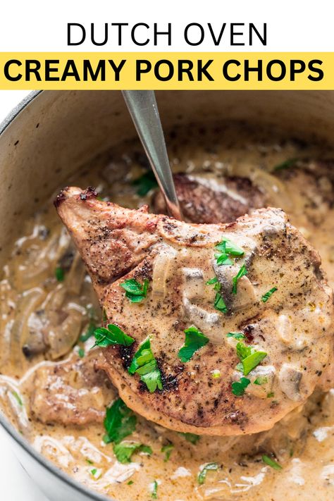 These Dutch Oven Pork Chops aren't fussy, and they're the perfect weeknight meal! If you like quick, easy, creamy, and delicious, this will be your new go-to recipe! #dutchovenrecipes #dutchovenpork #dutchovenbudgetrecipes #dutchovenporkchops #dutchovenporkchopscreamy Smothered Pork Chops Dutch Oven, Pork Chop Recipes Dutch Oven, Pork Chop Recipes In Dutch Oven, Dutch Oven Boneless Pork Chops, Pork Chops Dutch Oven Recipes, Pork Dutch Oven Recipes, Pork Chops In A Dutch Oven, Dutch Oven Pork Chops And Potatoes, Dutch Oven Pork Chops Recipes