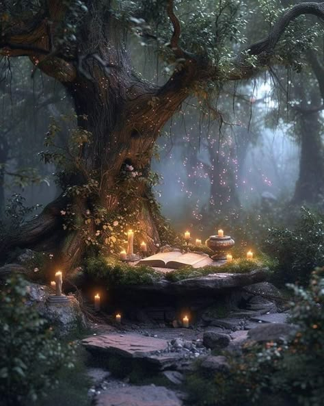 Mystical Nature Aesthetic, Dark Enchanted Forest Aesthetic, Fairy Land Aesthetic, Table In Forest, Fantasy Forest Aesthetic, Magic Forest Aesthetic, Mystical Forest Aesthetic, Mystical Forest Art, Enchanted Forest Aesthetic