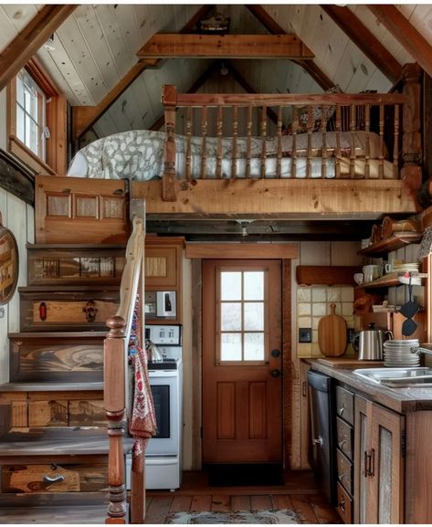 Tiny Cabins Interiors, Small Cabin Interiors, Cabin Loft, Cute Little Houses, Shed To Tiny House, Tiny House Loft, Tiny House Inspiration, Tiny Cabins, Cabin Interiors