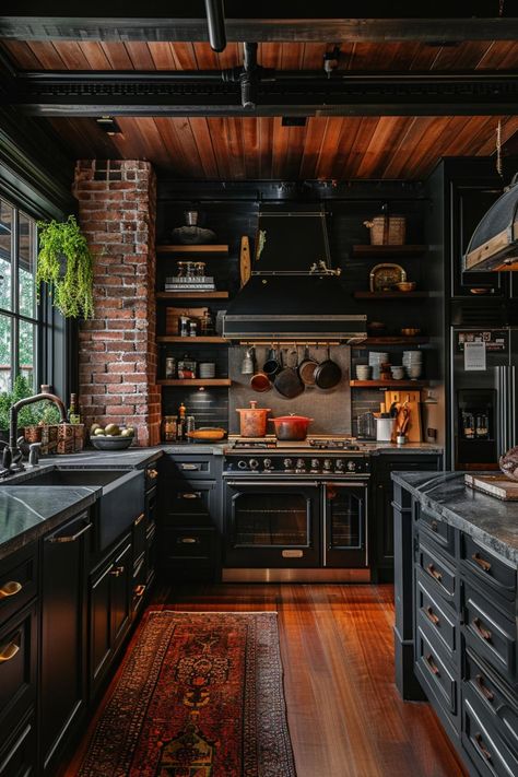 30+ Moody Farmhouse Kitchen Ideas for a Timeless Cooking Space - HomeFunky Dark Academia Kitchen, Island Kitchens, Moody Kitchen, Your Space, Dining Room Victorian, Gothic Kitchen, Kitchens Ideas, Decorating Kitchen, Dark Home Decor