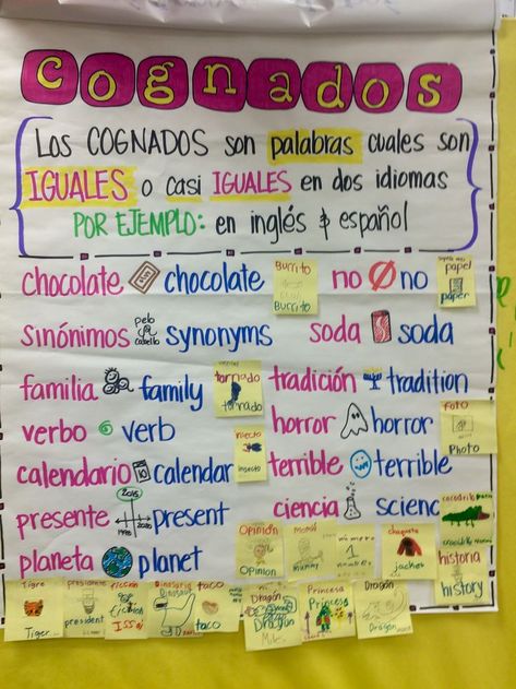 Definition and examples of cognates... then either immediately or as they find them throughout the day/week/class, students put more examples on sticky notes Spanish Anchor Charts, Spanish Teacher Classroom, Bilingual Teaching, Spanish Language Arts, Spanish Writing, Spanish Classroom Activities, Dual Language Classroom, Classroom Anchor Charts, Spanish Lesson Plans