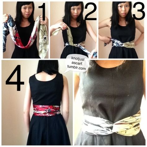 KNOT JUST A SCARF: Ways to Tie A Silk Scarf - 90+ Ways of How To Wear A Silk Scarf! Tie A Wrap Dress, How To Tie A Wrap Dress, Scarfs Ideas, Tie A Silk Scarf, How To Wear Belts, Sew Patterns, Scarf Knots, Wear A Scarf, Ikat Pinggang